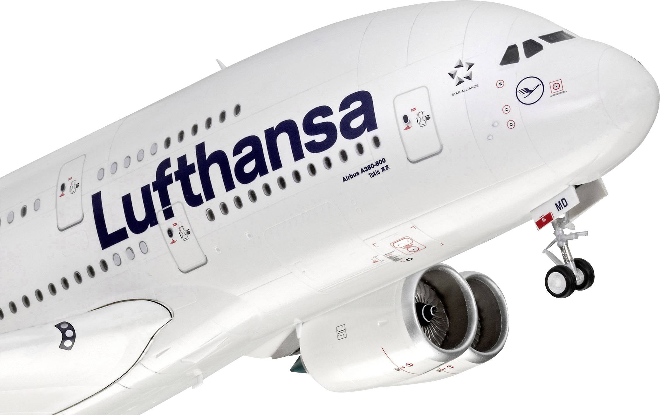 A Lufthansa aircraft with two visible engines on the right-hand side.