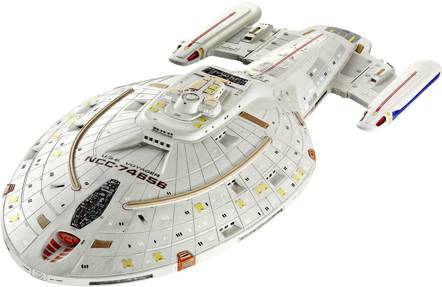 A spacecraft model with the inscription 'USS Voyager NCC-74656'. White with red and blue details, futuristic design.