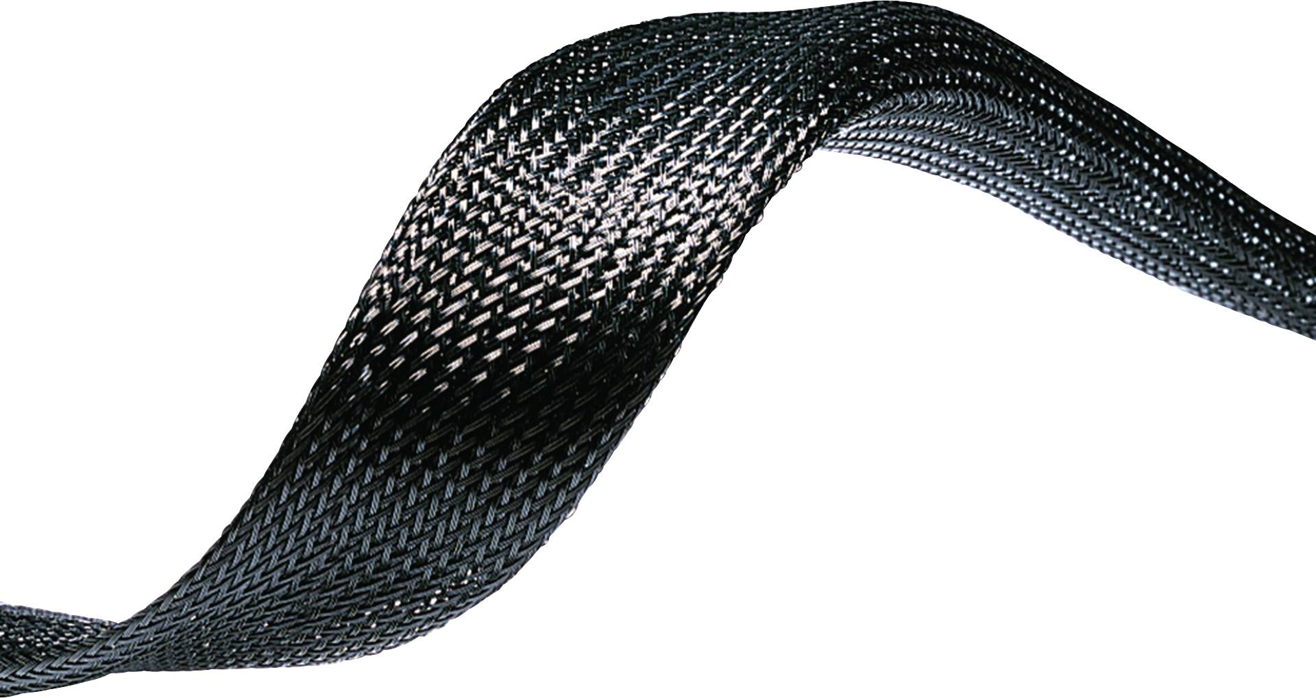Black, braided cable protection conduit in a curved form, demonstrates flexibility and structural texture.