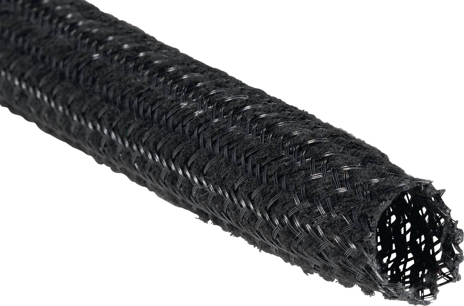 A braided sleeve made of black, woven material, suitable for protecting and bundling cables or conduits.