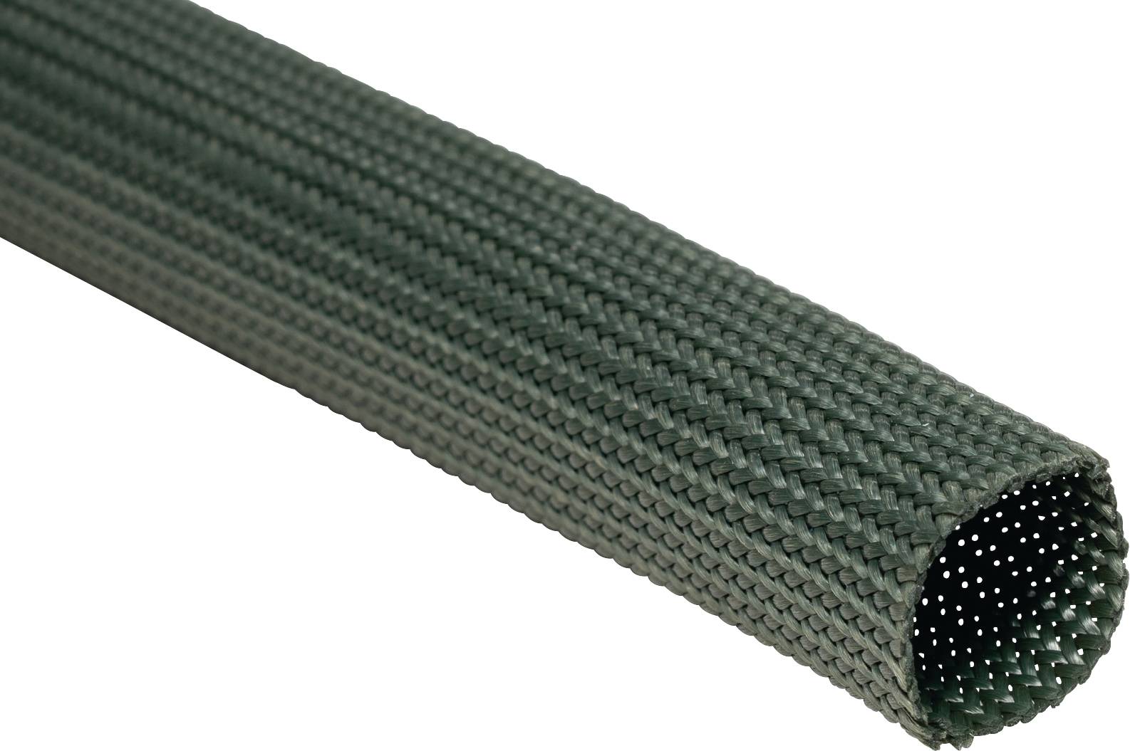 A grey, braided plastic conduit with an open end, suitable for bundling and protecting cables.