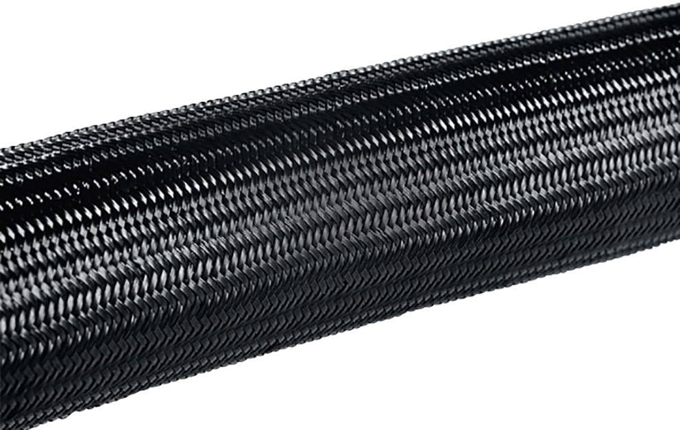 Black, braided plastic cable protection sleeve that bundles and protects cables.