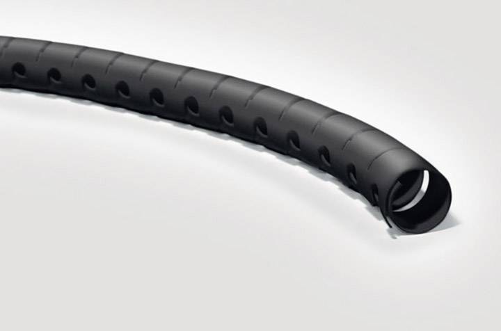 A black, flexible cable sleeve with integrated openings for bundling and organising cables on a grey background.