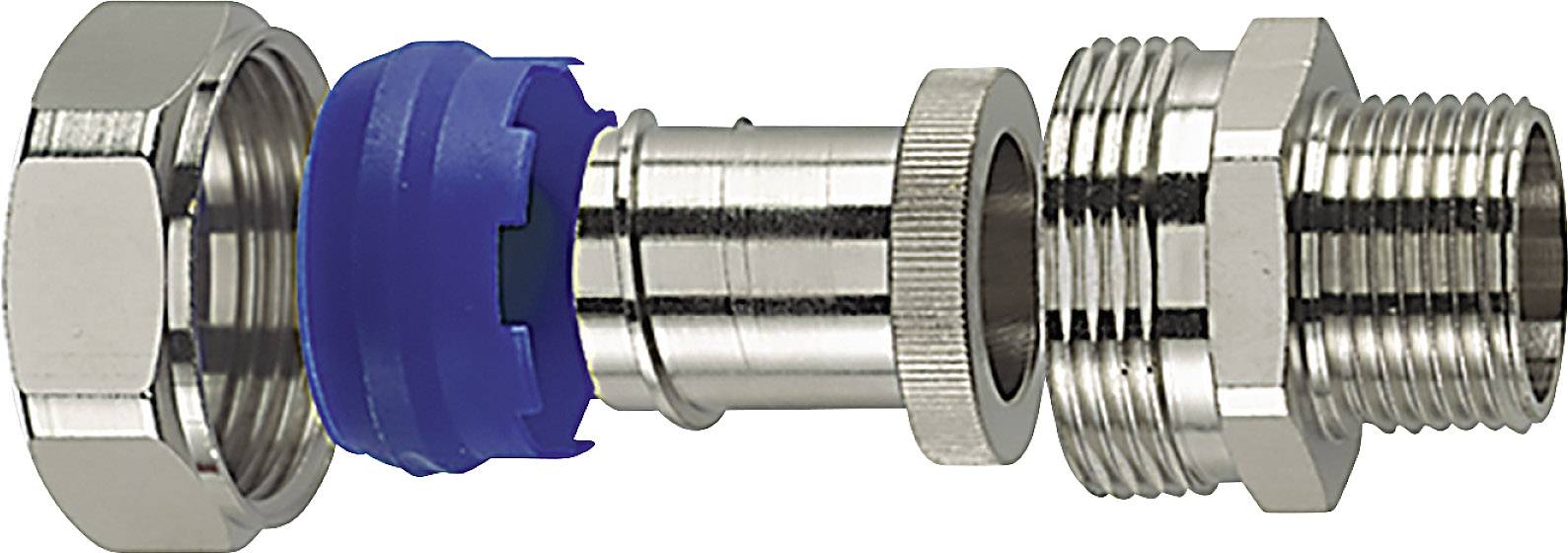 Parts of a connector in neutral metal and blue, shown separately, reveal its inner workings and construction.