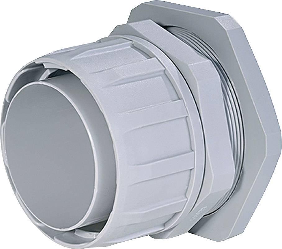 A grey plastic adapter with threading, used for pipe connections or cable glands.
