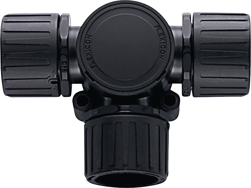 Black plastic T-piece connector for flexible piping systems, suitable for cable entry in electrical engineering.