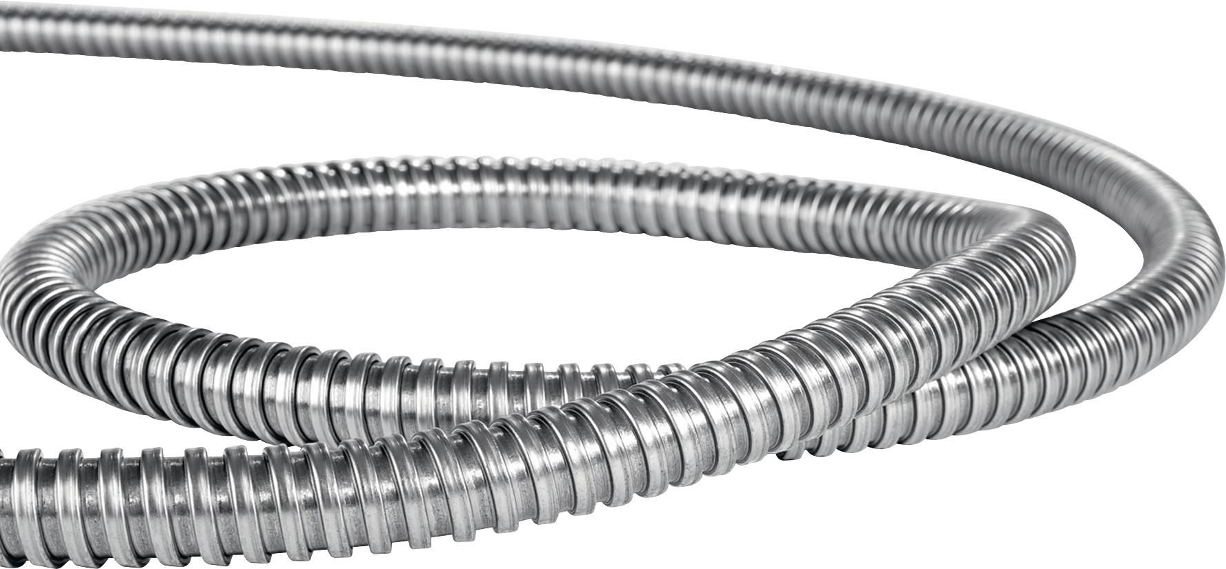 Flexible metal conduit in close-up, used for protecting or guiding cables in industrial applications.