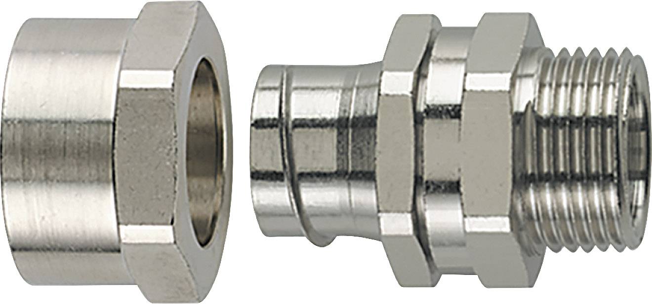 Two metallic pipe connection parts, on the left a nut, on the right a connector with thread, which together form a pipe coupling.