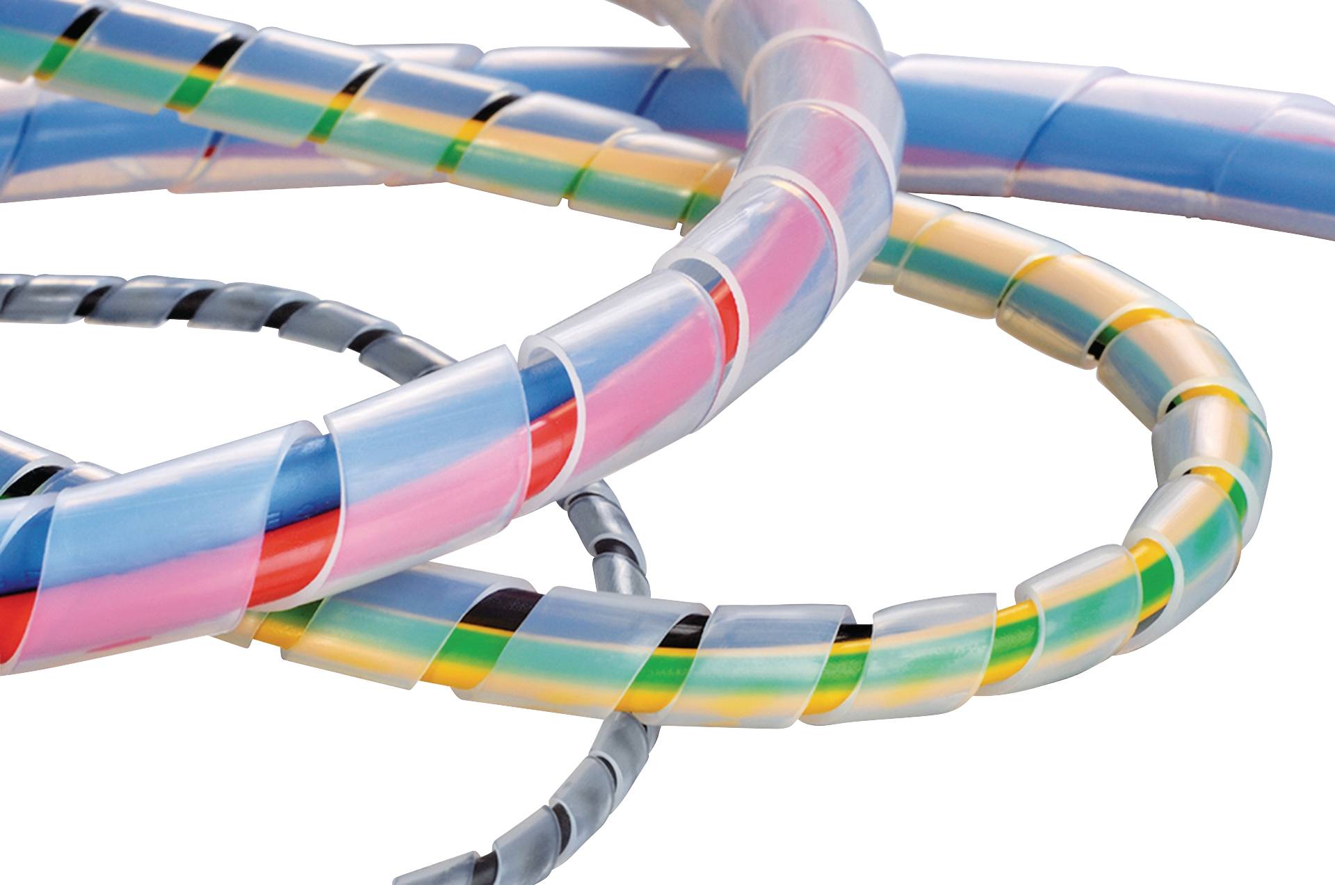 Colourful, spirally twisted plastic tubes in various colours.