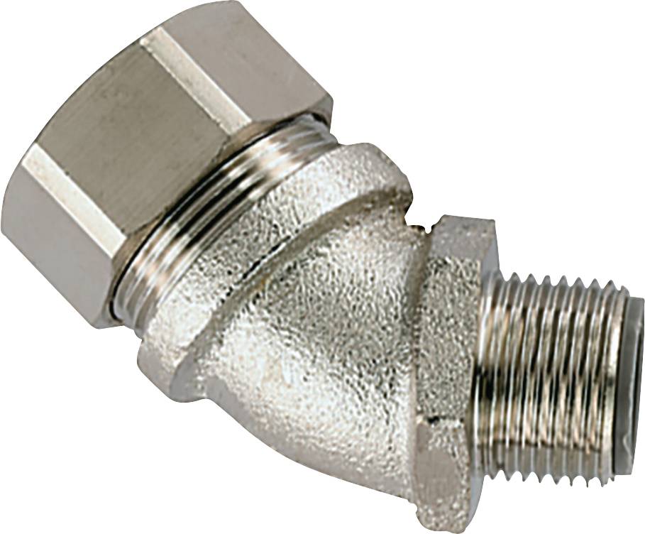 A silver, curved metal pipe with threaded ends on both sides. It is likely used for plumbing installations.