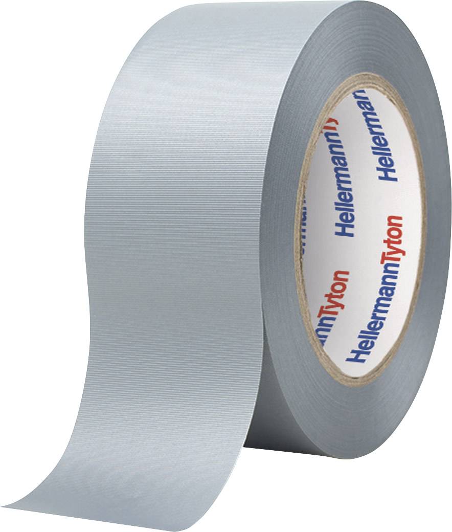 A grey roll of fabric tape by HellermannTyton, partially unrolled, against a neutral background.