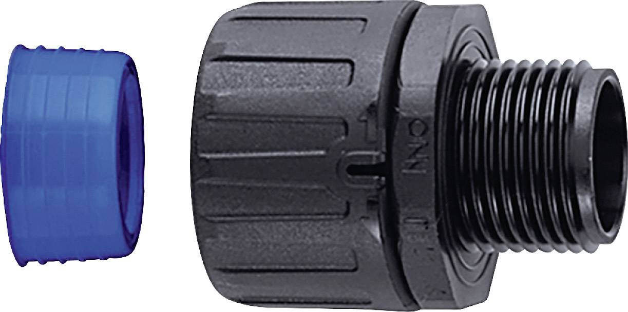 Black plastic threaded connector with a right-hand male thread and a blue sealing ring on the left, both cylindrical and ribbed.