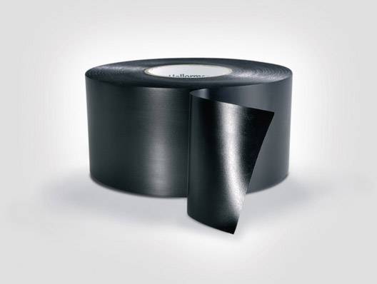 A roll of black adhesive tape with a slightly peeled end piece on a grey background.