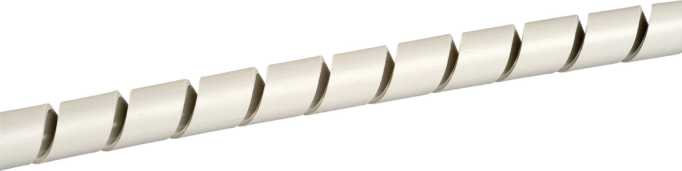 A long, beige cable spiral for bundling and protecting cables. The spiral is made of plastic and features regularly spaced cuts.