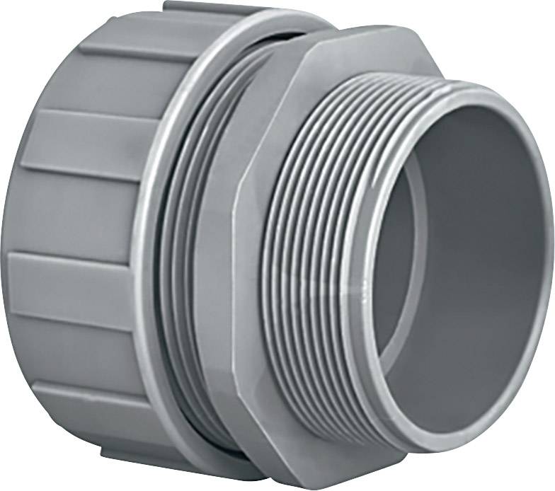A grey plastic pipe with threaded connection, suitable for plumbing or installation work, isolated on a white background.