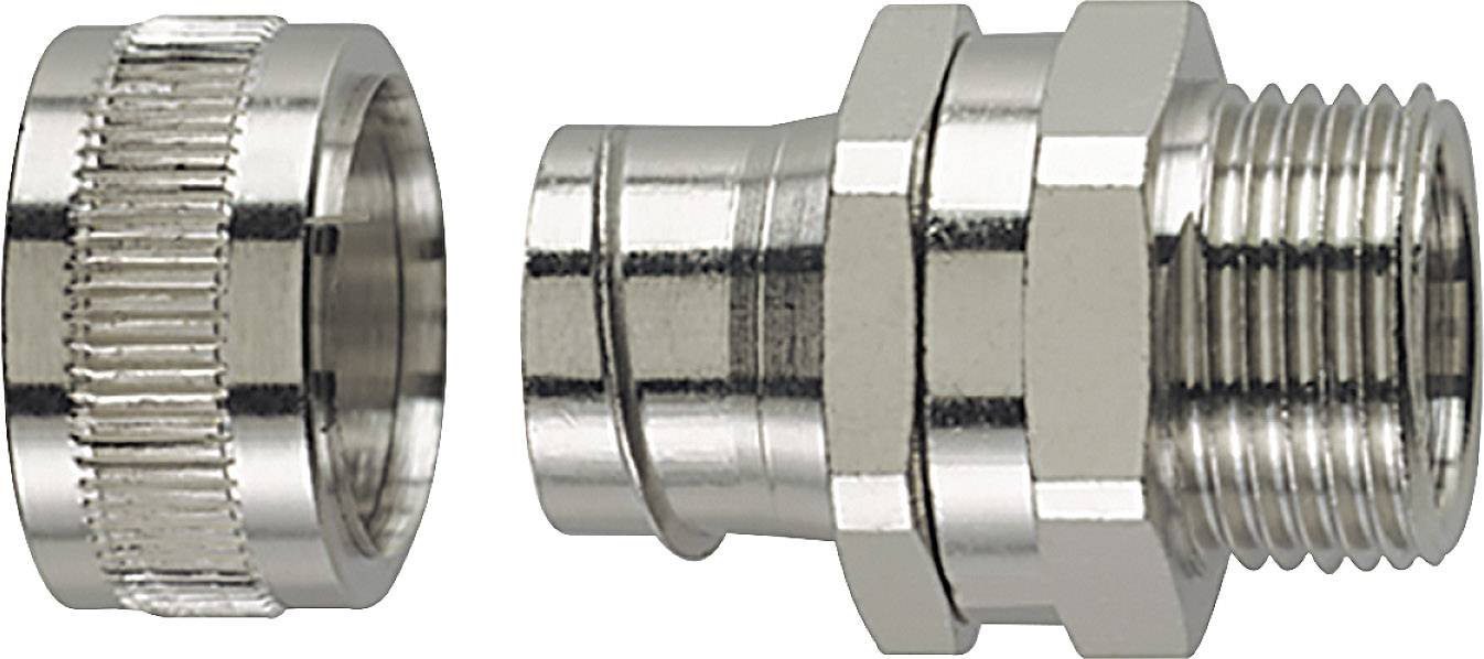 Two silver metal components side by side, with a ribbed sleeve on the left and a hexagonal connector with an external thread on the right.