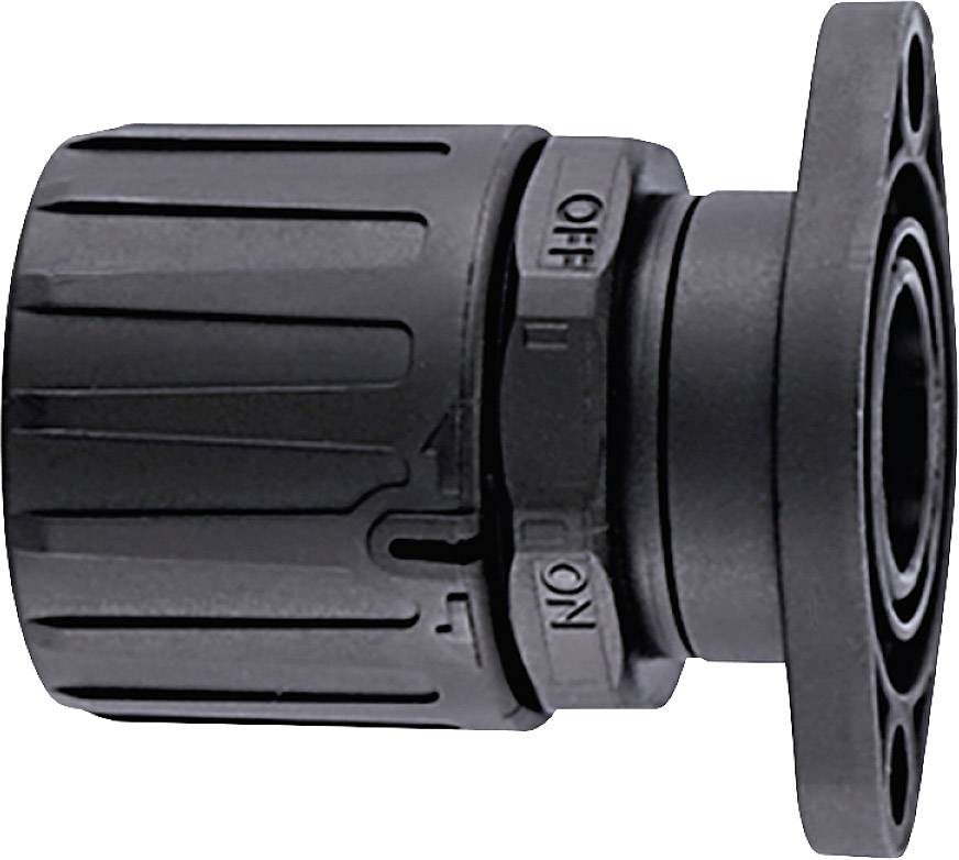 A black plastic component with a cylindrical shape and two markings: 'ON' and 'OFF'. Potentially a part of a valve system.