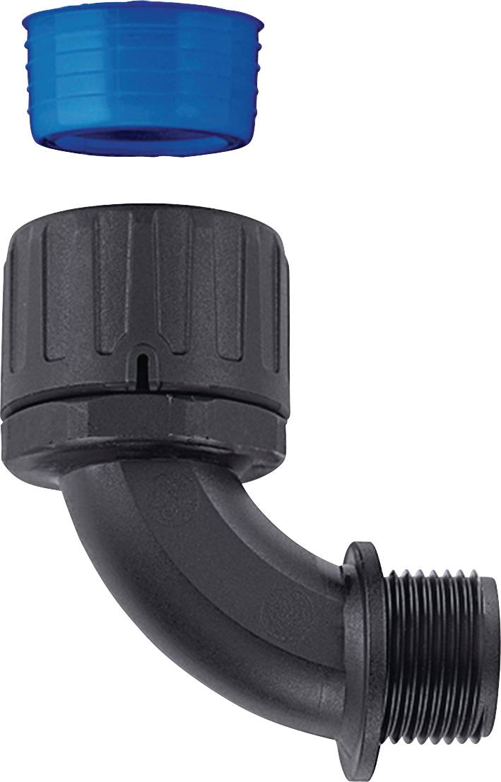 Black 90-degree plastic pipe connector with thread, with a blue plastic cap on top.
