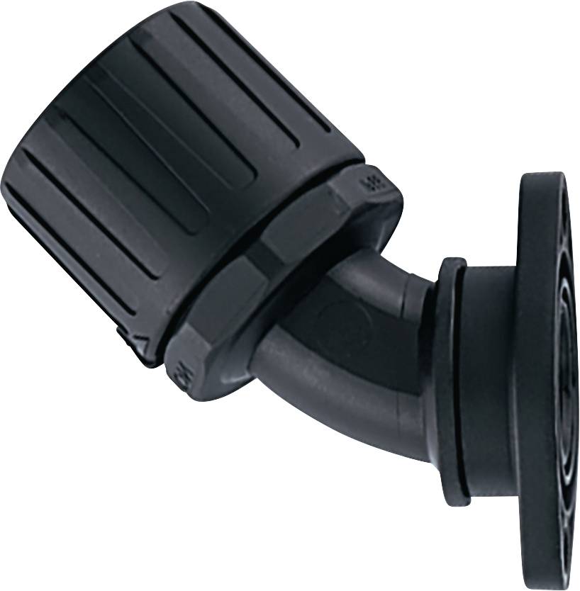 A black plastic angle connector with flange and ribbed screw lock, suitable for pipe installations.