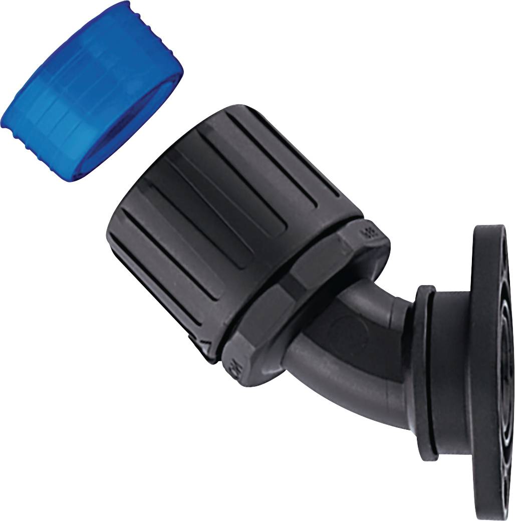 Black plastic angle connector with blue end cap, suitable for hose connections in irrigation systems.