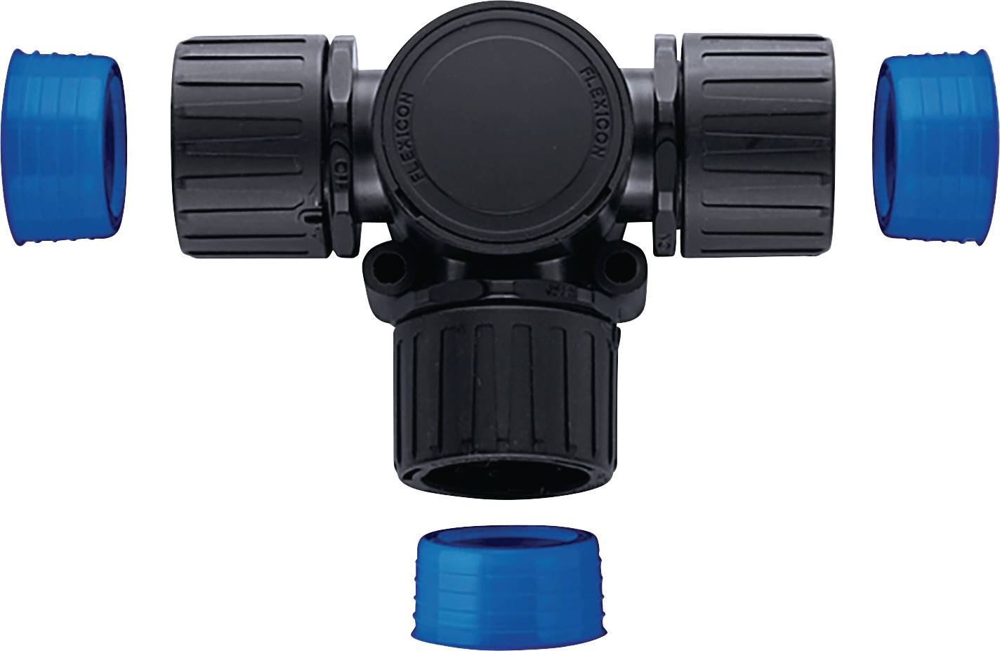 Black plastic T-piece pipe connector with three removable blue end caps, suitable for various piping systems.