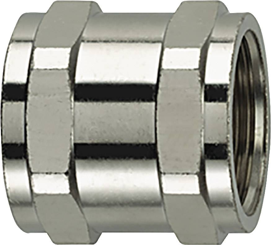 Metal connecting sleeves with hexagonal ends, polished surface.