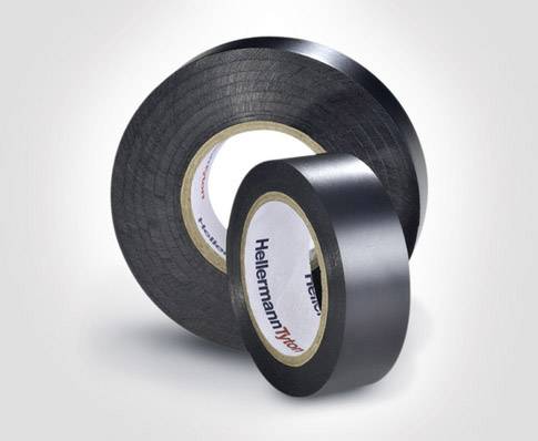 Two rolls of black insulating tape, the larger one with a 'HellermannTyton' label, against a grey background.