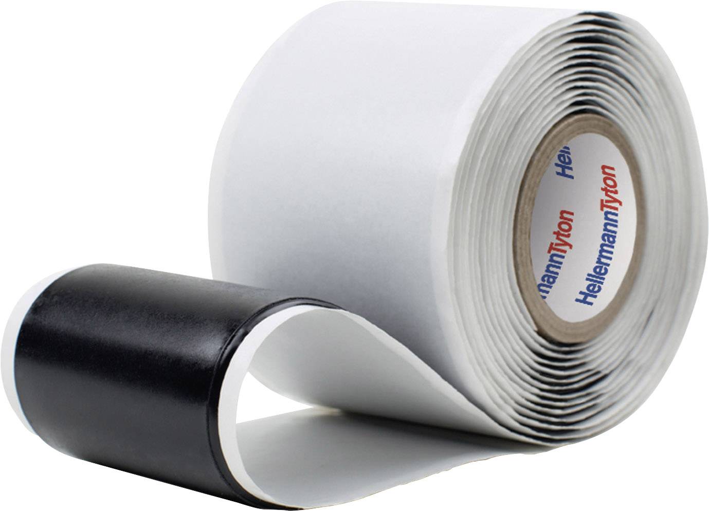 A roll of helmet-like hook and loop tape from HellermannTyton. A section is unrolled, showing the black and white structure of the tape.