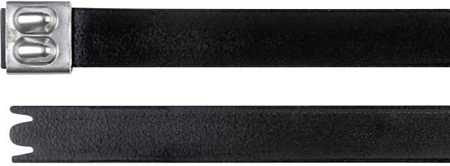 A black cable tie with a metal clasp at the top, with the end of the cable tie underneath.