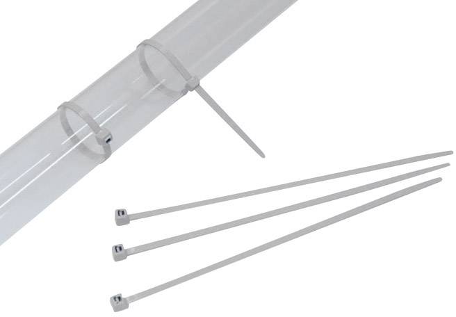 Cable ties in various sizes are clamped around a transparent tube. Three cable ties are lying loosely beside it.