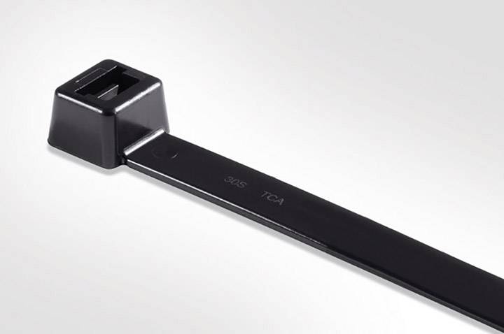 A black cable tie on a light background, primarily used as a fastening device.