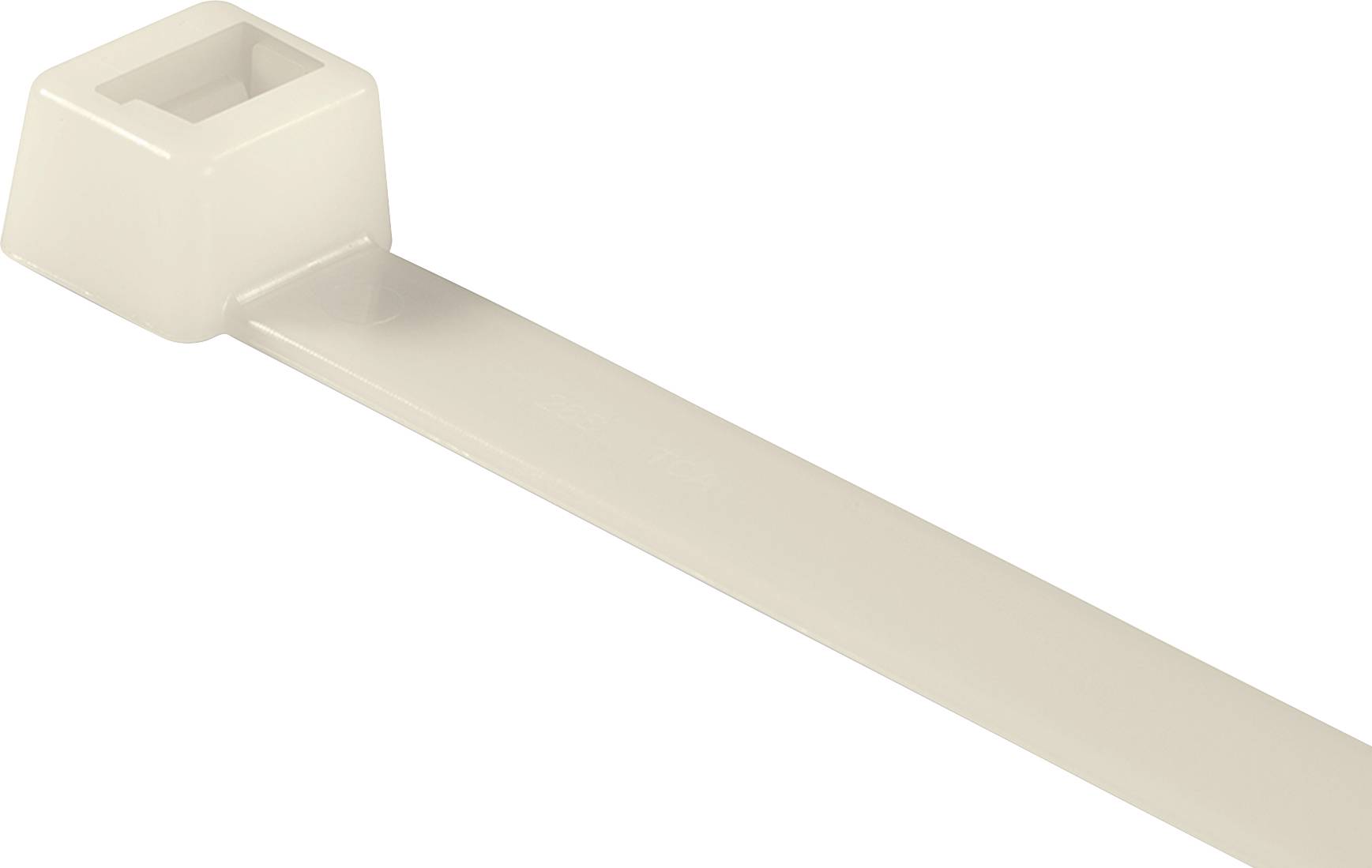 White plastic cable ties in close-up, with a flat head and straight band. Used for bundling or securing cables.
