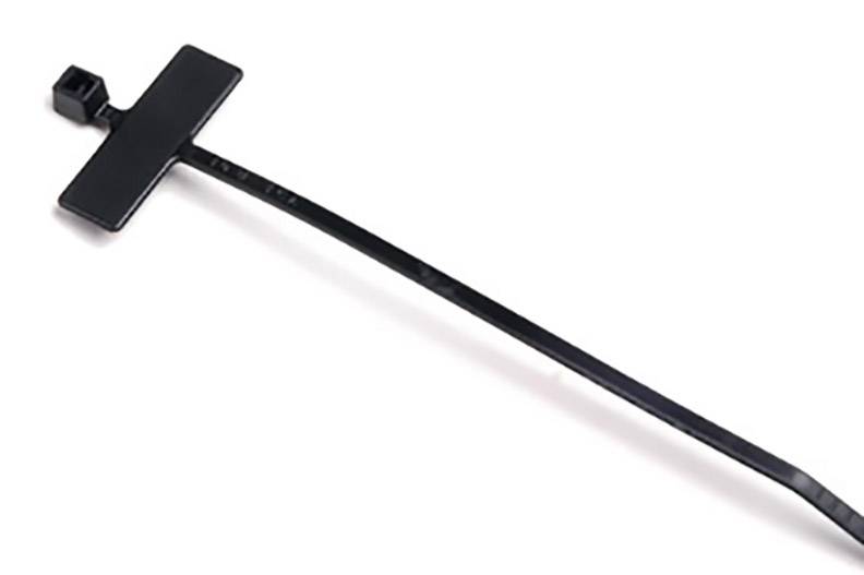 A black cable tie with a rectangular label at one end. Ideal for securing and labelling cables simultaneously.