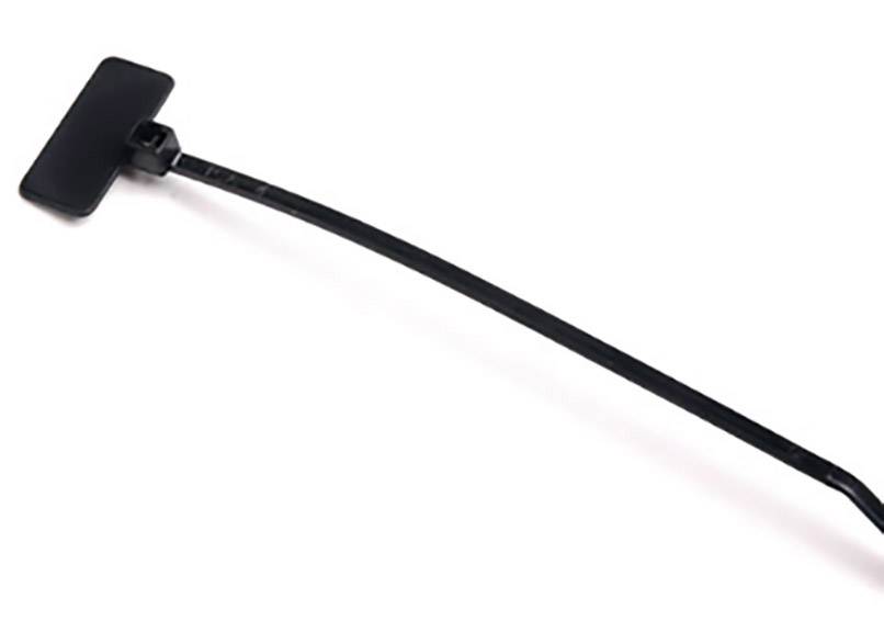 Cable ties with integrated labelling field made of black plastic. Suitable for bundling and identifying cables.