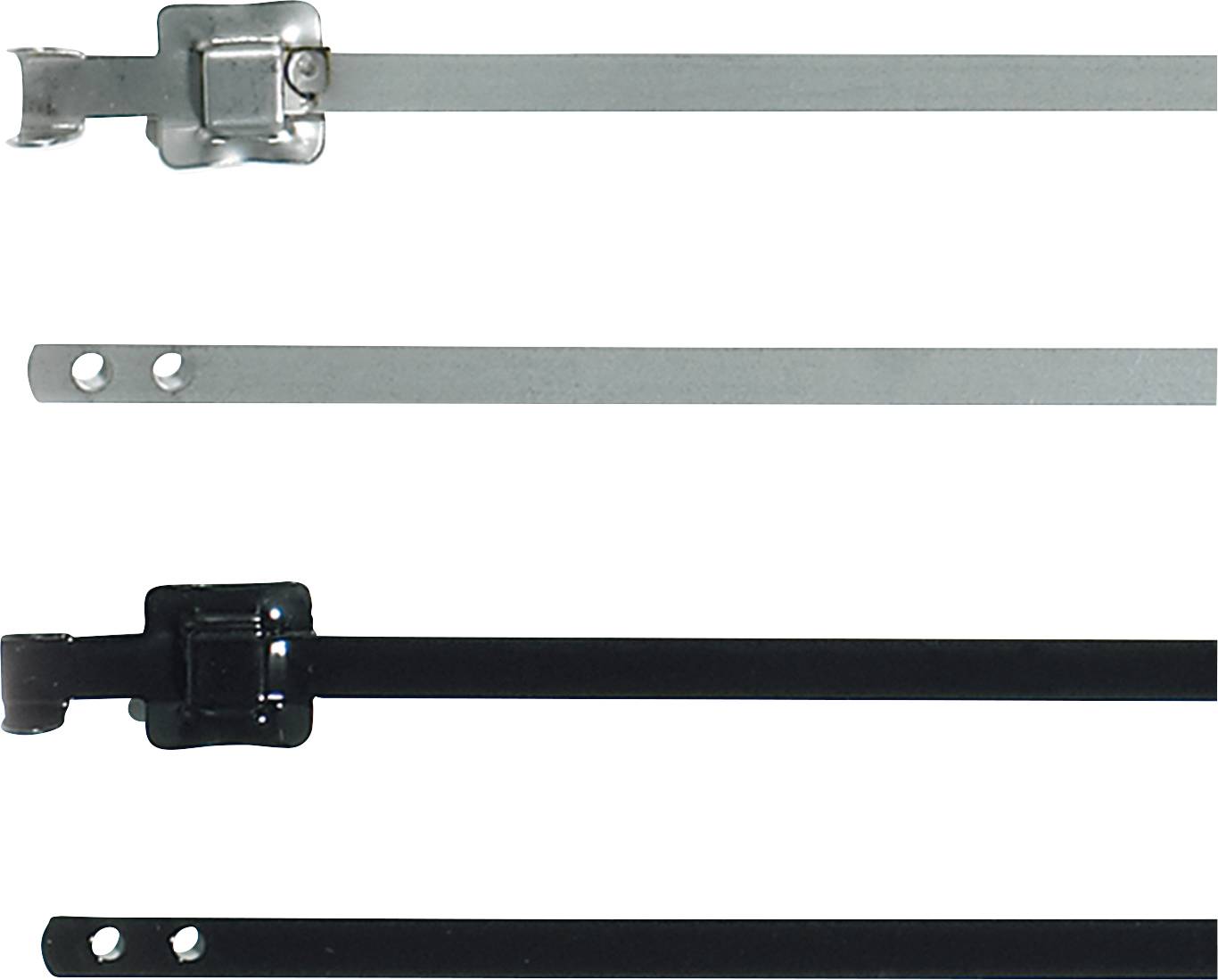 Four metal cable ties in various designs and colours, silver with buckle fastening at the top, black with screw hole at the bottom.