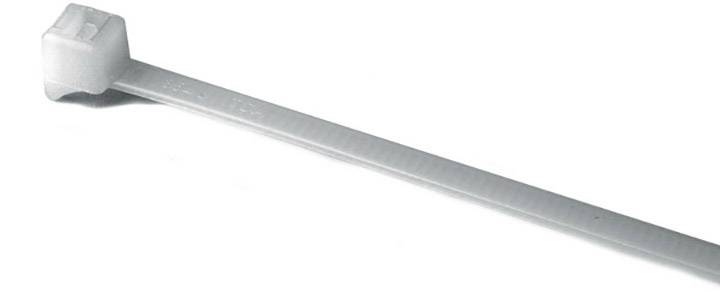 A white plastic cable tie lies diagonally on a white background.