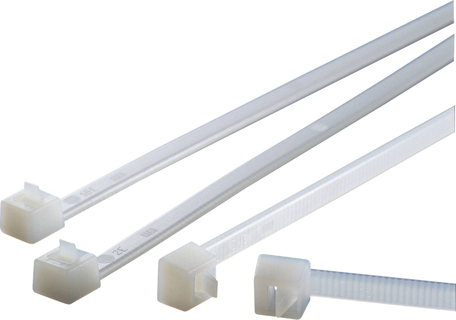 The image depicts three white cable ties in various positions against a neutral background. They are ready for use with a fastening mechanism.