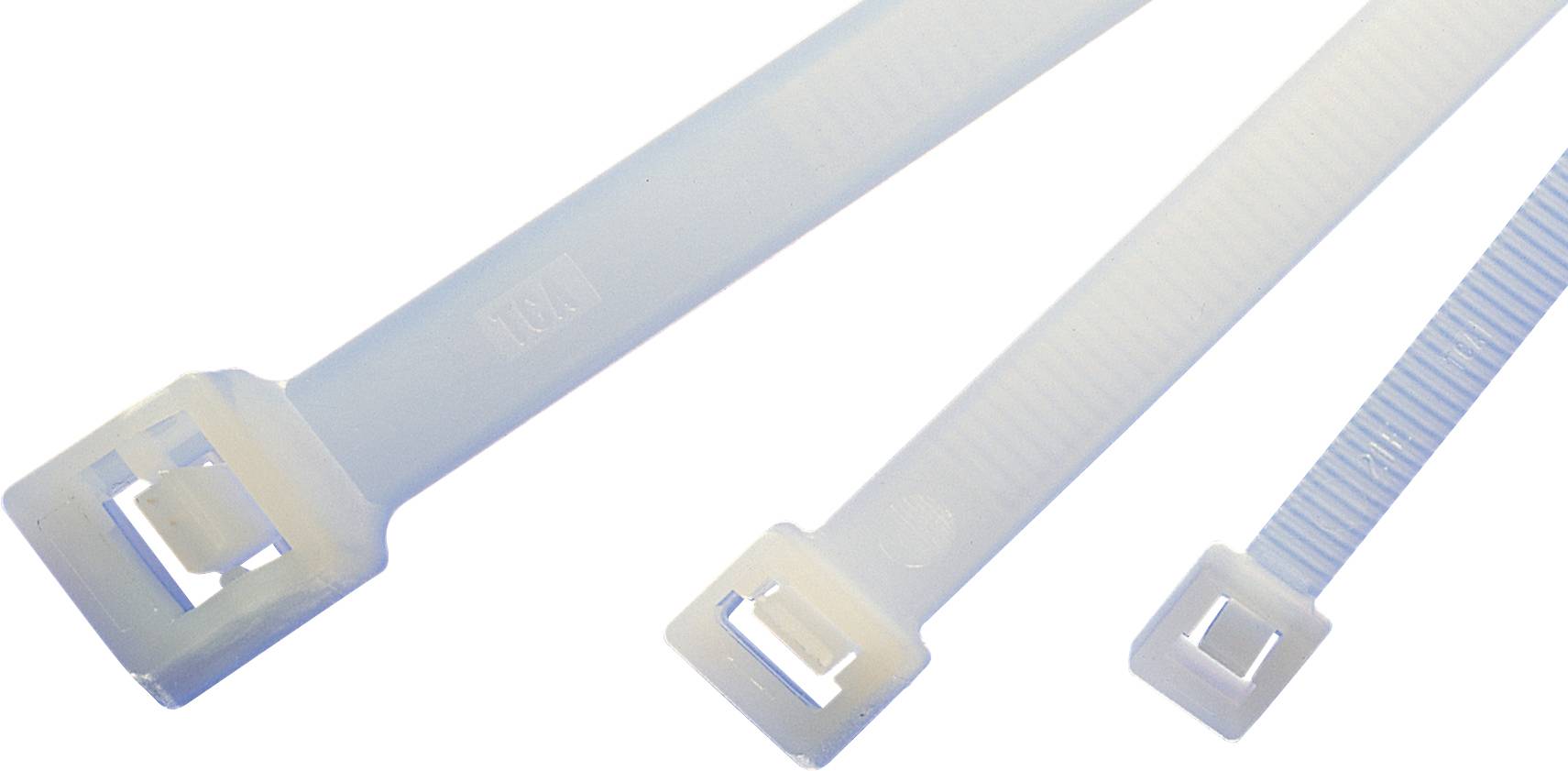 Three white cable ties of different sizes are lying side by side. They are accessory parts used for bundling cables.