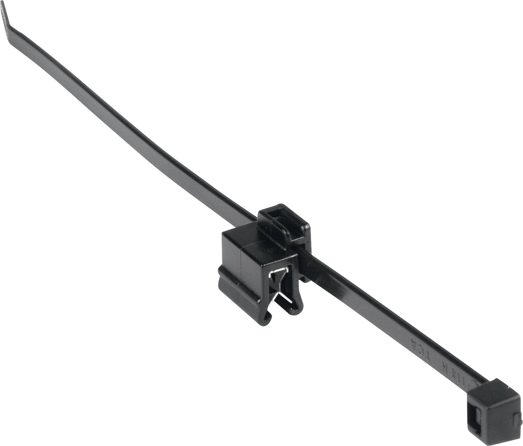 Cable ties with integrated mounting clip, black. Suitable for securing and organising cables on various surfaces.