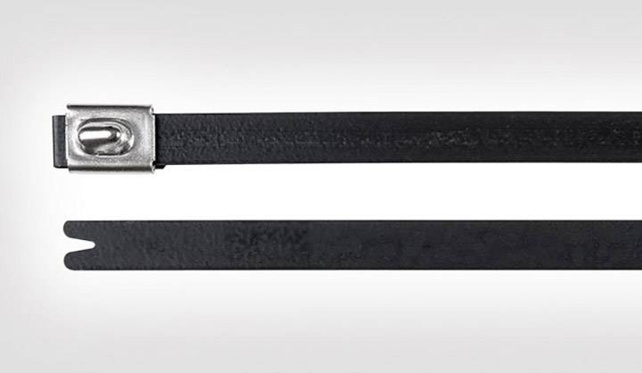 Two black cable ties made of metal and plastic. One shows the metal fastener, the other the ribbed surface.