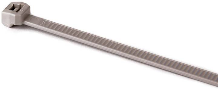 A grey cable tie with a ribbed band and locking head, horizontally aligned.
