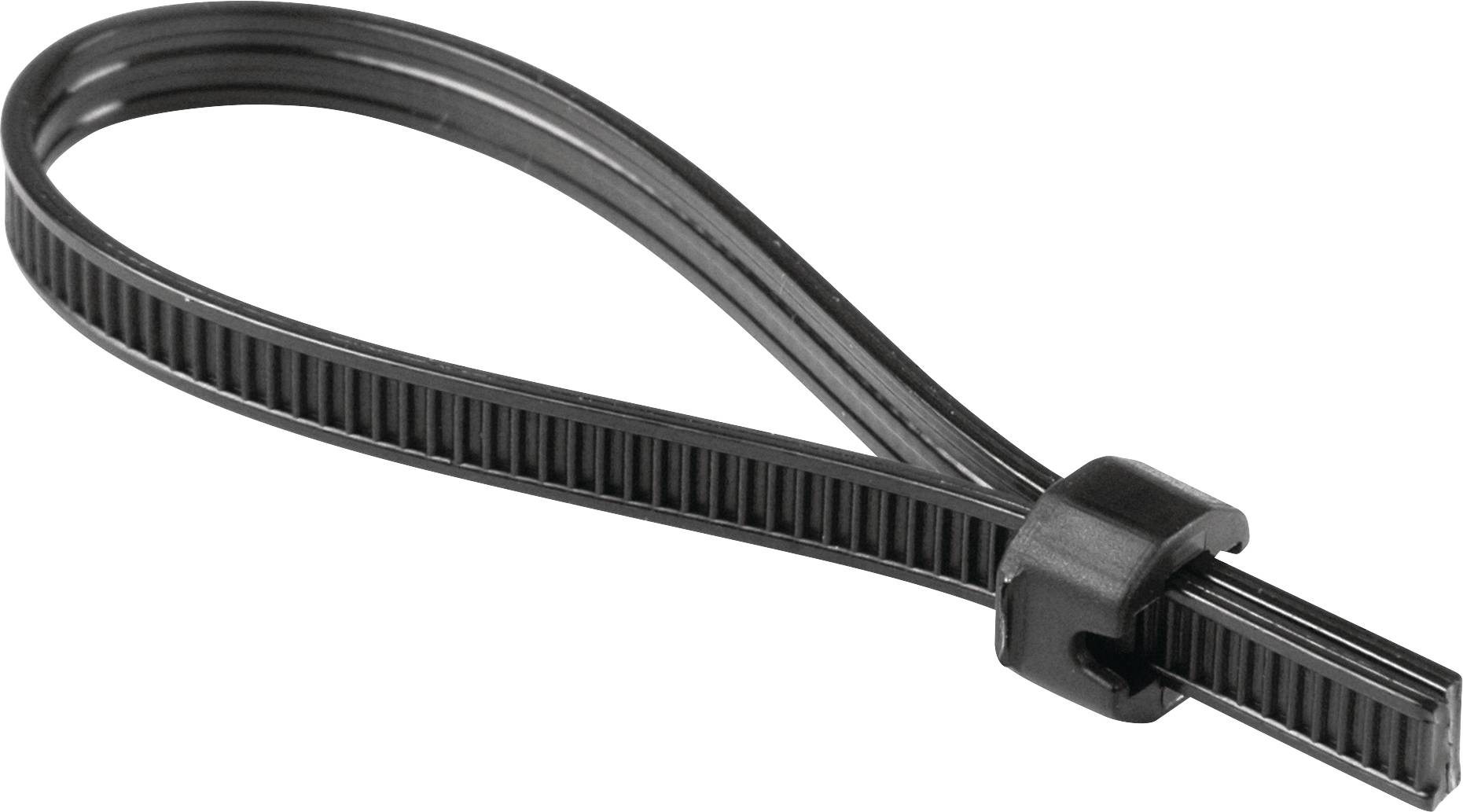 A black plastic cable tie, curved, with a locking mechanism. Suitable for bundling cables and items.