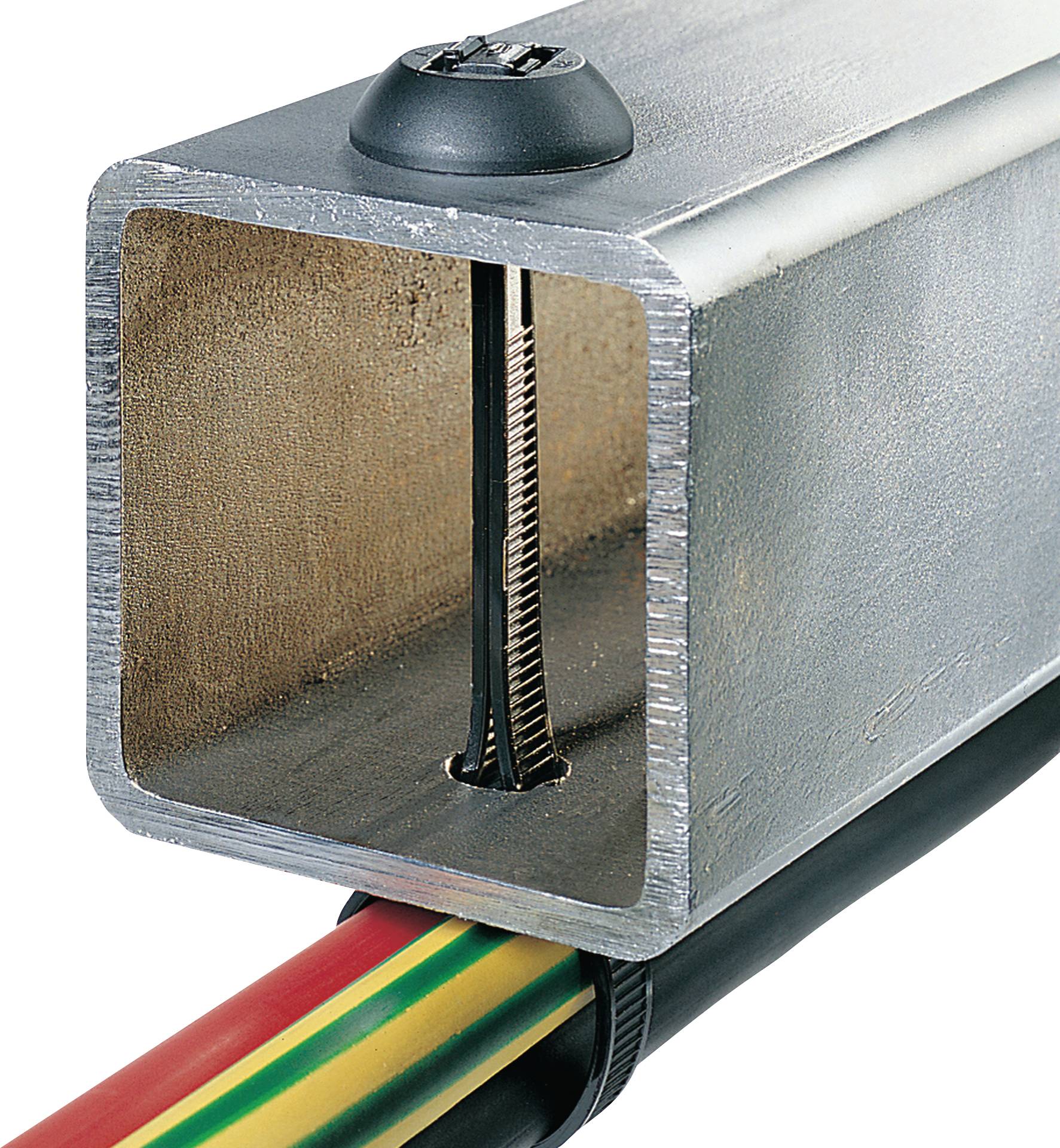 Cross-section of a square aluminium profile with an integrated steel cable, with colourful cables running along the outer edge at the bottom.
