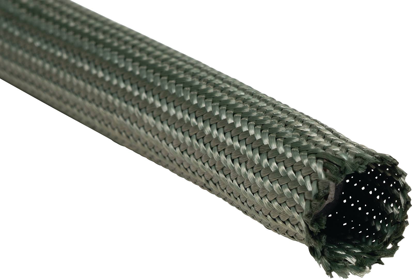 A braided cable protection sleeve made from a dark, metallic material that provides flexibility and durability.