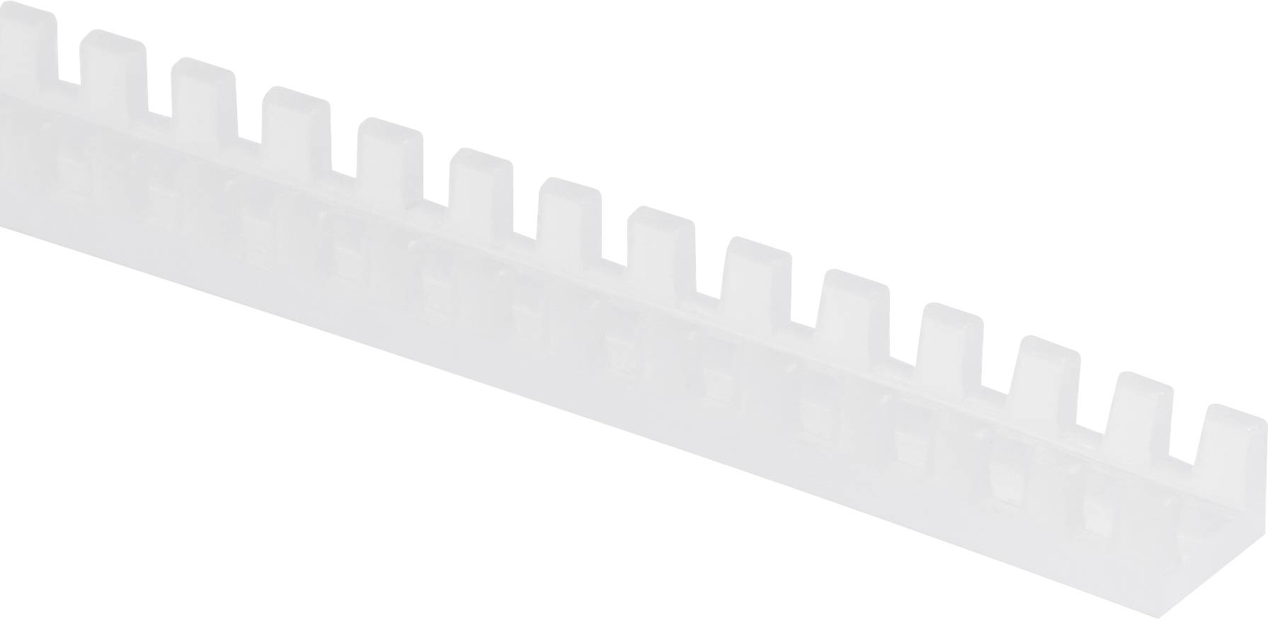 White, serrated cable clip, used for neat routing and bundling of cables.