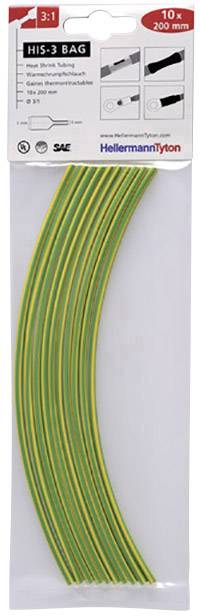Pack of 10 yellow-green heat shrink tubes, 200 mm long, 6 mm diameter, shrink ratio 3:1. Brand: HellermannTyton.