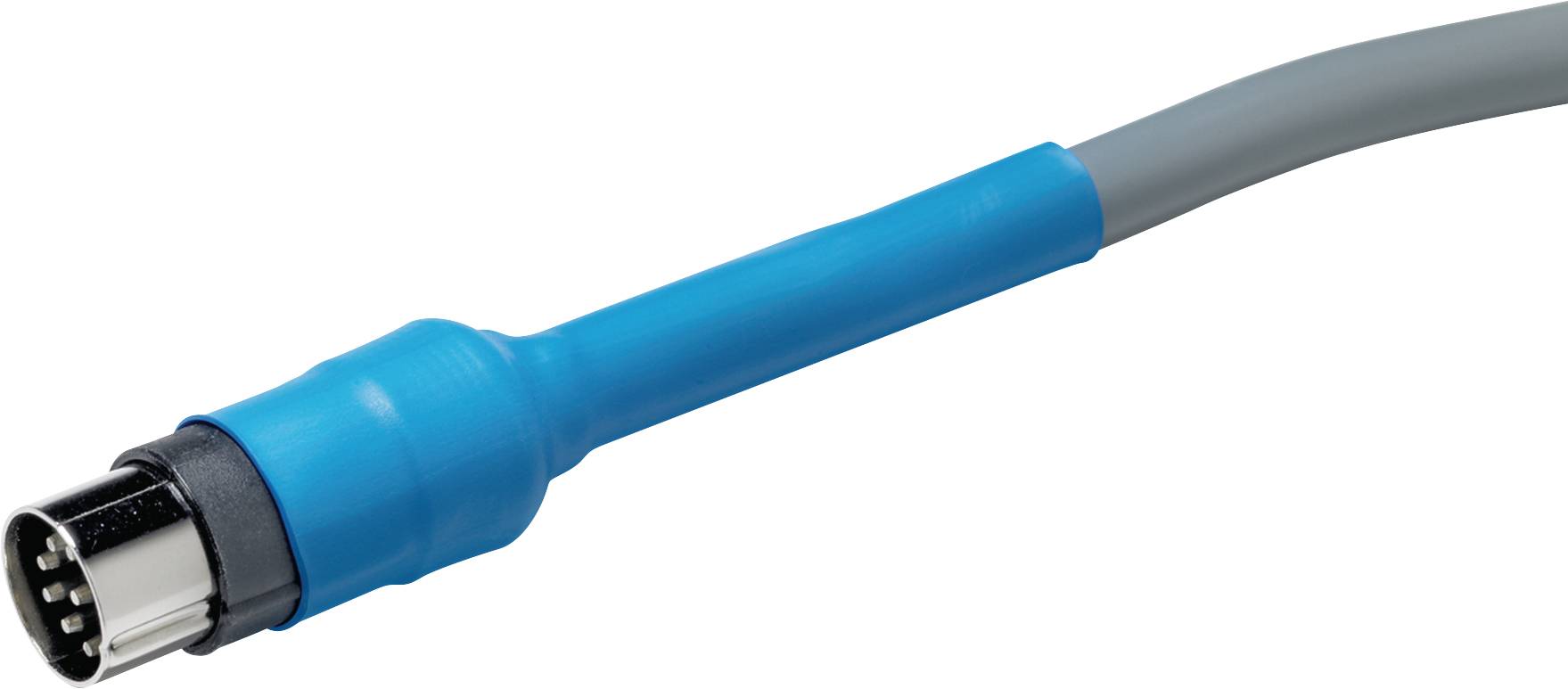 A grey cable with a blue plug and multiple metal pins.