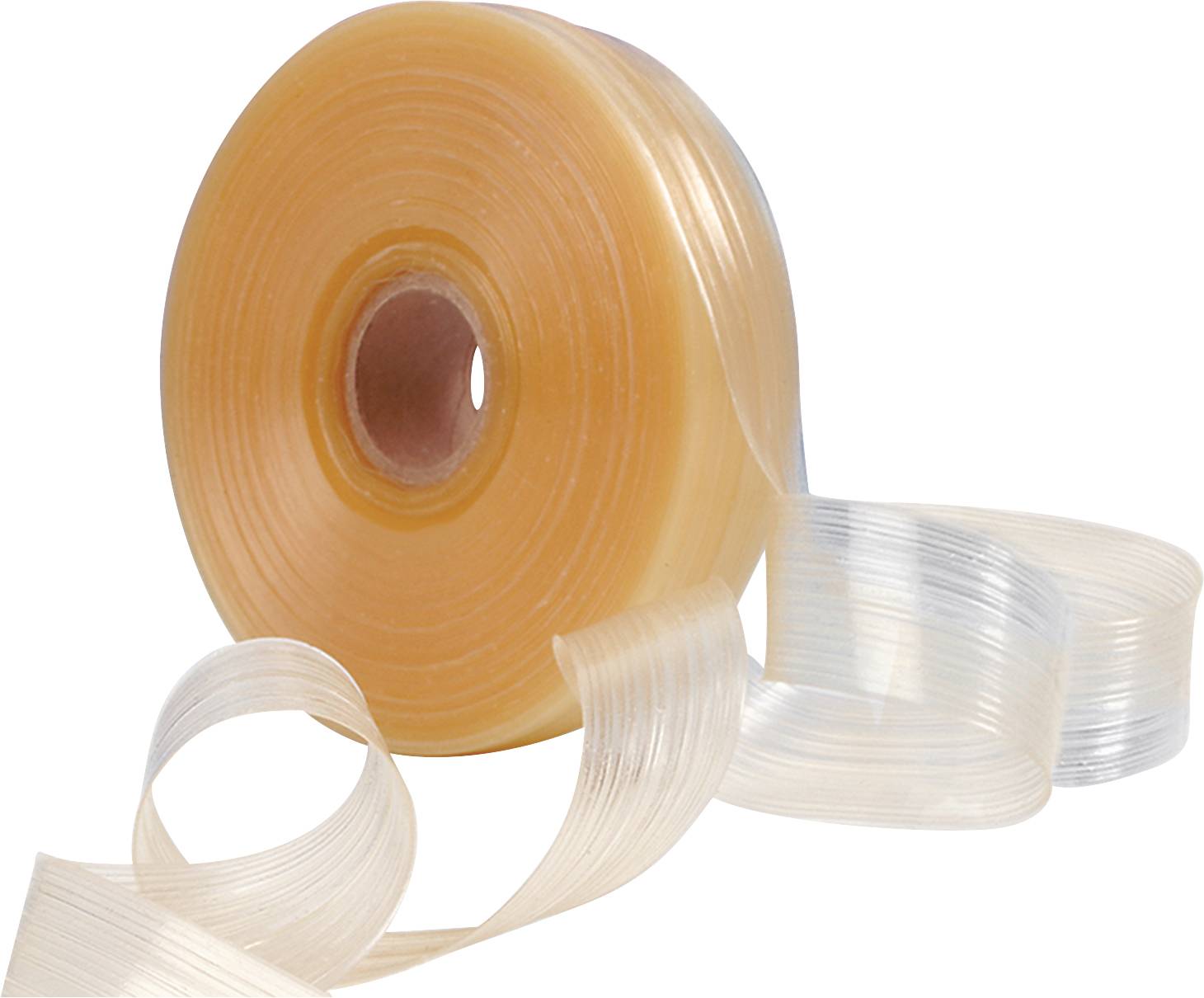 A roll of transparent, flexible plastic tape, partially unrolled, on a white background.