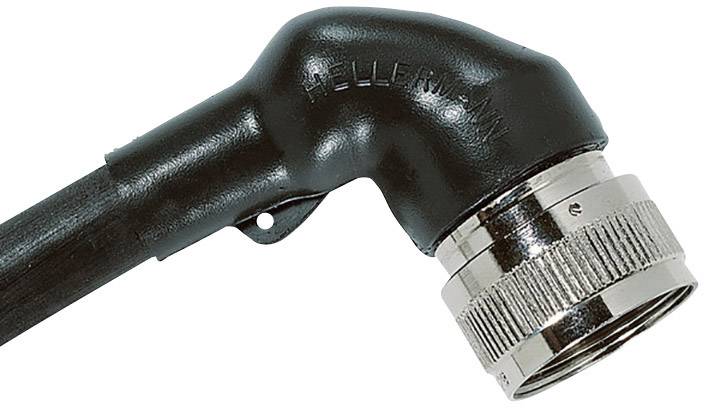 Black angled cable protection conduit with silver threaded connection, possibly for electrical use.