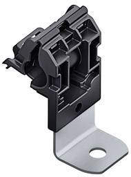 A black plastic clip on a metal mounting bracket, used for securing cables in an electrical cabinet.